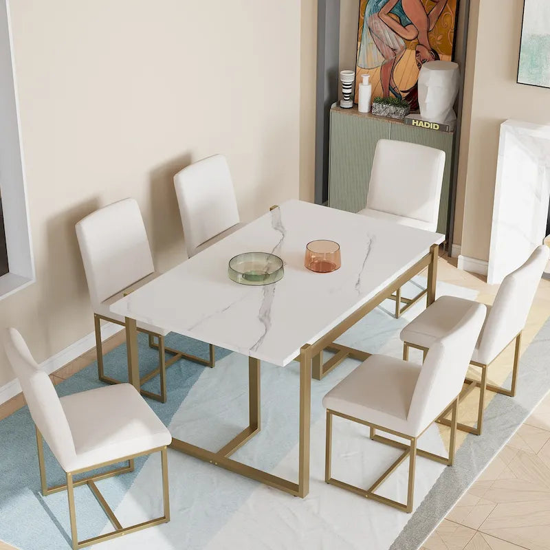 Ensemble de salle à manger rectangulaire moderne Carter avec table en faux marbre et six chaises rembourrées