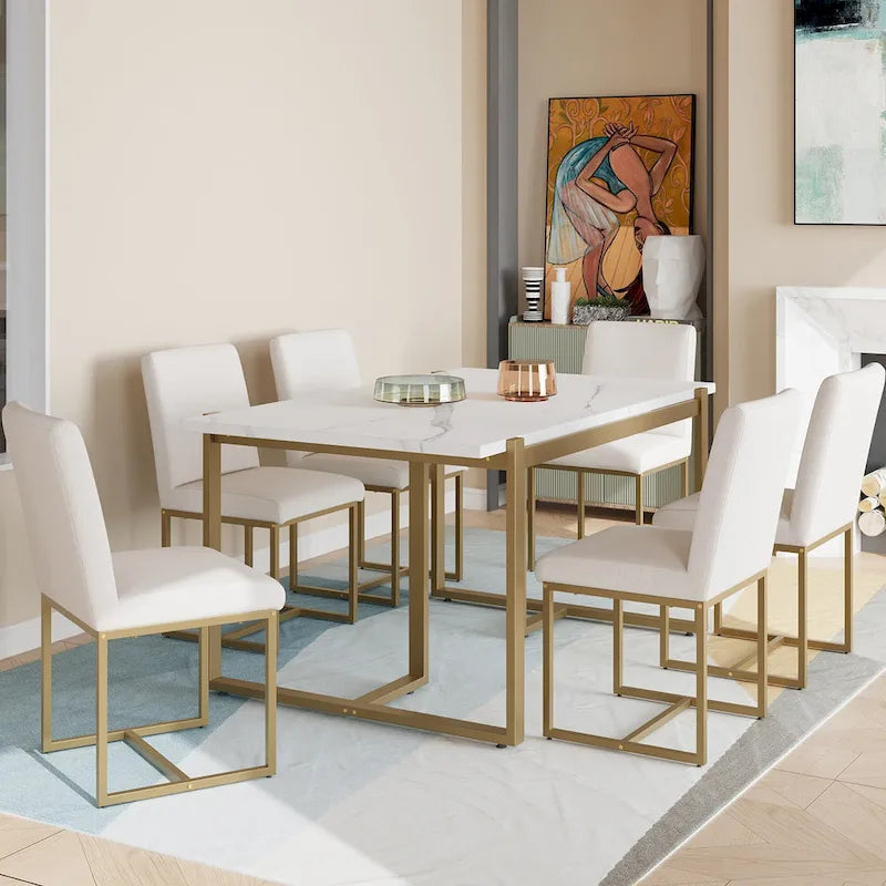 Ensemble de salle à manger rectangulaire moderne Carter avec table en faux marbre et six chaises rembourrées