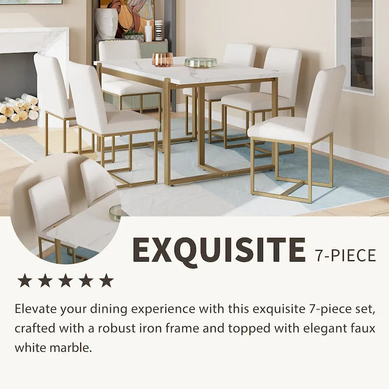 Ensemble de salle à manger rectangulaire moderne Carter avec table en faux marbre et six chaises rembourrées