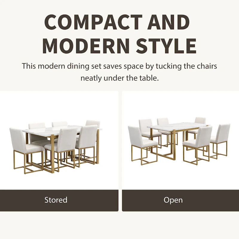 Ensemble de salle à manger rectangulaire moderne Carter avec table en faux marbre et six chaises rembourrées