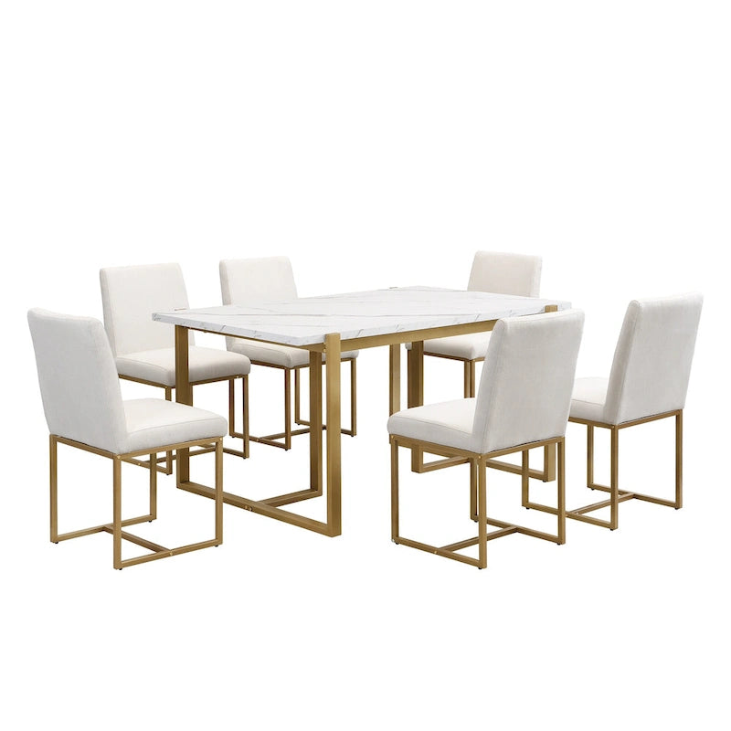 Ensemble de salle à manger rectangulaire moderne Carter avec table en faux marbre et six chaises rembourrées