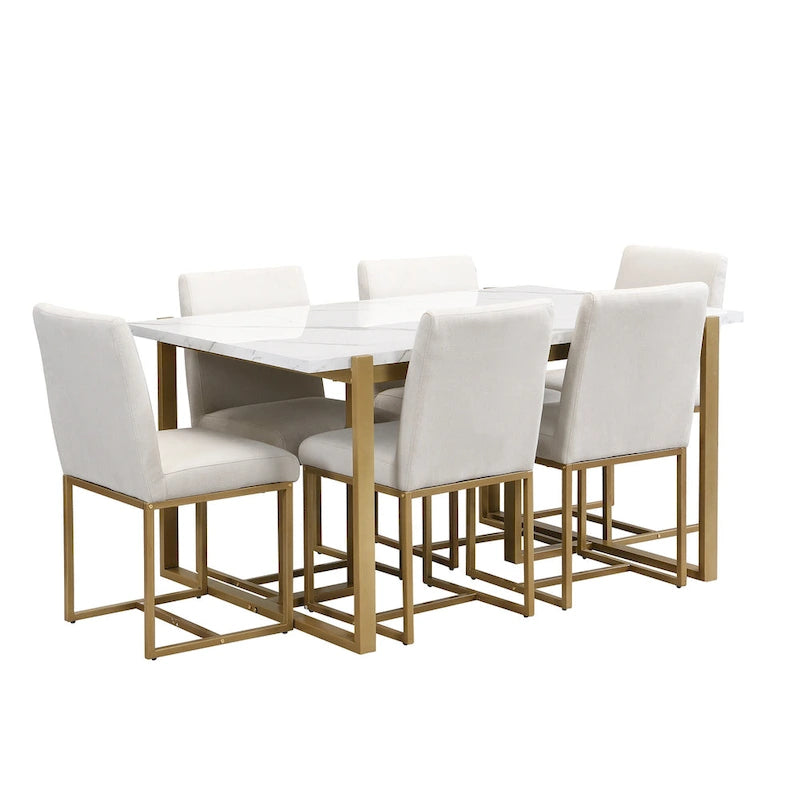 Ensemble de salle à manger rectangulaire moderne Carter avec table en faux marbre et six chaises rembourrées