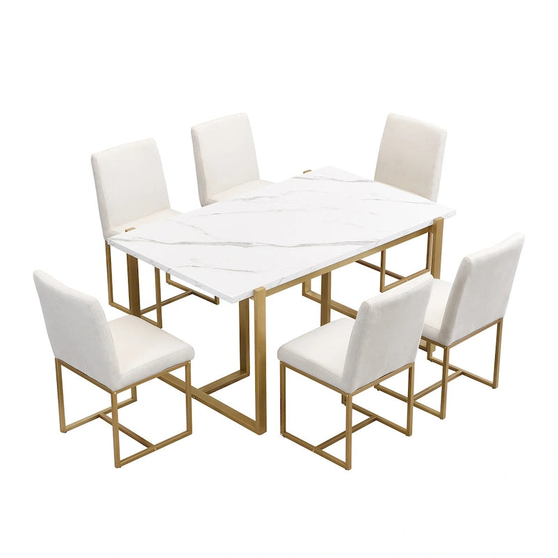 Ensemble de salle à manger rectangulaire moderne Carter avec table en faux marbre et six chaises rembourrées