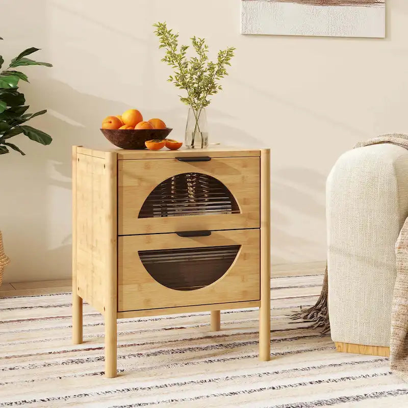 1/2 table de chevet en bambou avec 2 tiroirs de rangement et pieds cannelés