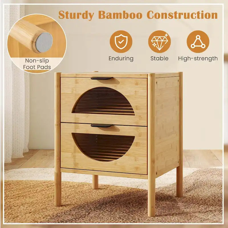 1/2 table de chevet en bambou avec 2 tiroirs de rangement et pieds cannelés