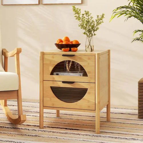1/2 table de chevet en bambou avec 2 tiroirs de rangement et pieds cannelés