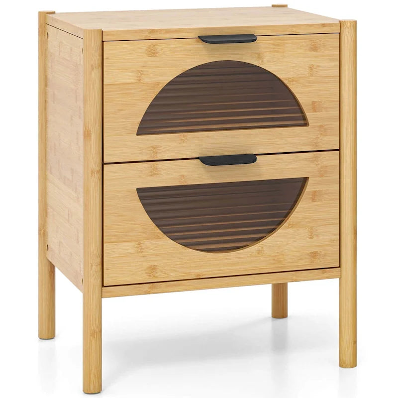 1/2 table de chevet en bambou avec 2 tiroirs de rangement et pieds cannelés