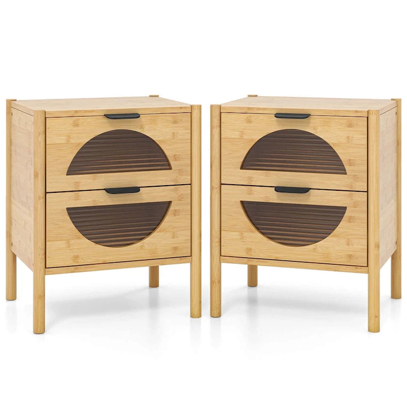 1/2 table de chevet en bambou avec 2 tiroirs de rangement et pieds cannelés