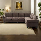 Canapé d'angle en chenille 6 places de 278 cm avec accoudoirs roulés décorés de rivets, coussins et cadre en bois