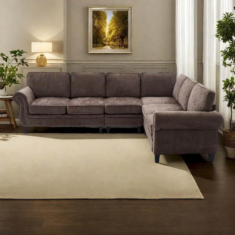 109.5 Chenille 6-Seater L-Shaped Sectional Sofa with Rivets Decorated Rolled Armrests,Cushions, and Wood Frame