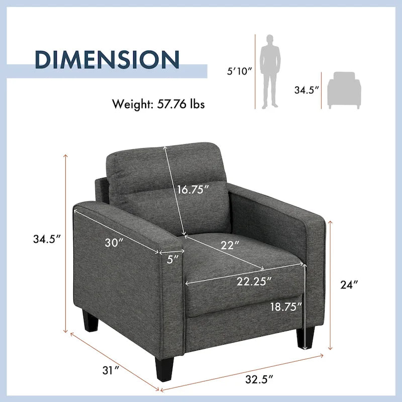 Fauteuil Wystan contemporain à accoudoirs droits avec pieds fuselés en bois massif, fauteuil simple rembourré en tissu par