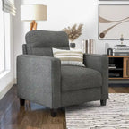 Fauteuil Wystan contemporain à accoudoirs droits avec pieds fuselés en bois massif, fauteuil simple rembourré en tissu par