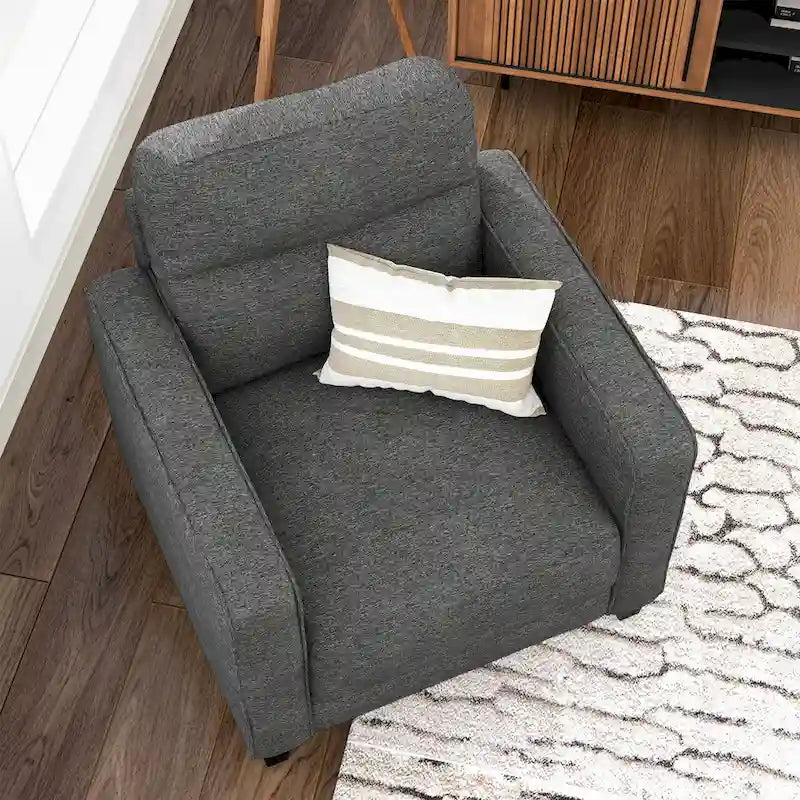 Fauteuil Wystan contemporain à accoudoirs droits avec pieds fuselés en bois massif, fauteuil simple rembourré en tissu par