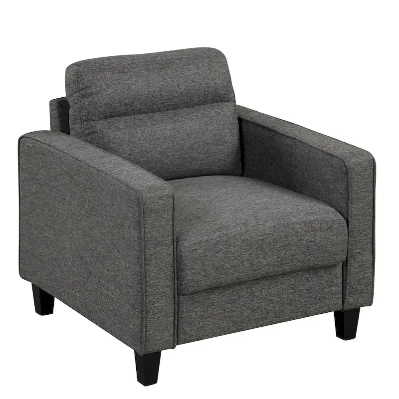 Fauteuil Wystan contemporain à accoudoirs droits avec pieds fuselés en bois massif, fauteuil simple rembourré en tissu par