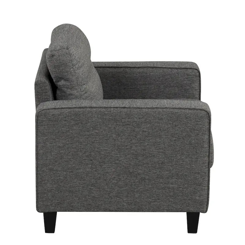 Fauteuil Wystan contemporain à accoudoirs droits avec pieds fuselés en bois massif, fauteuil simple rembourré en tissu par
