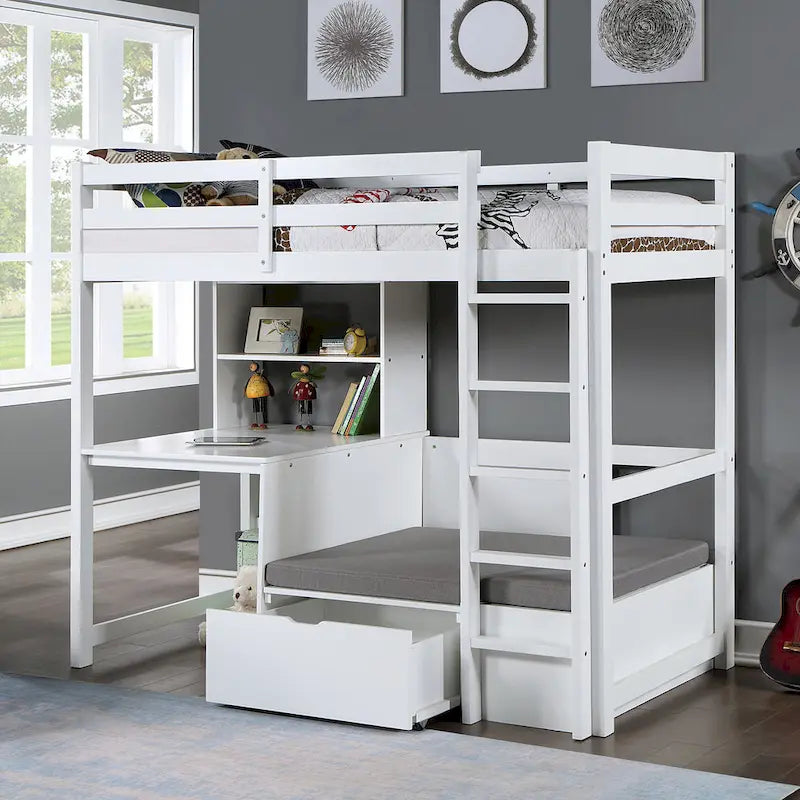 Lit mezzanine en bois massif Wegh pour une personne avec poste de travail et rangements cachés