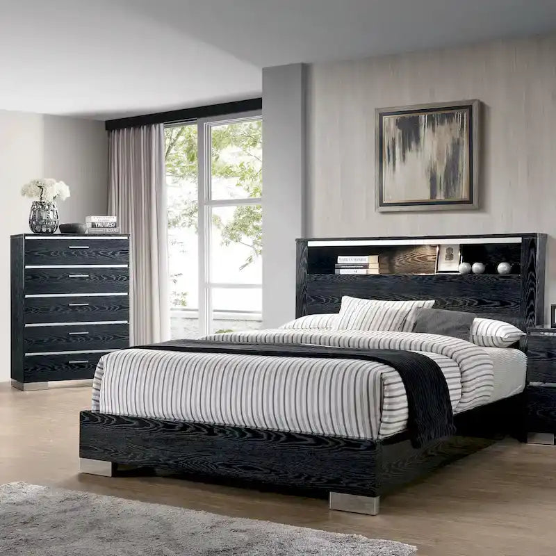 Lit à panneaux de rangement contemporain en bois massif 2 pièces et ensemble commode haute
