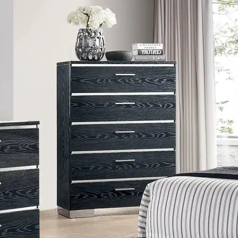 Lit à panneaux de rangement contemporain en bois massif 2 pièces et ensemble commode haute