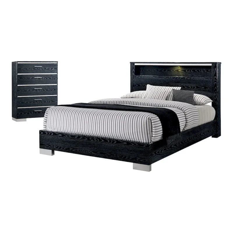 Lit à panneaux de rangement contemporain en bois massif 2 pièces et ensemble commode haute