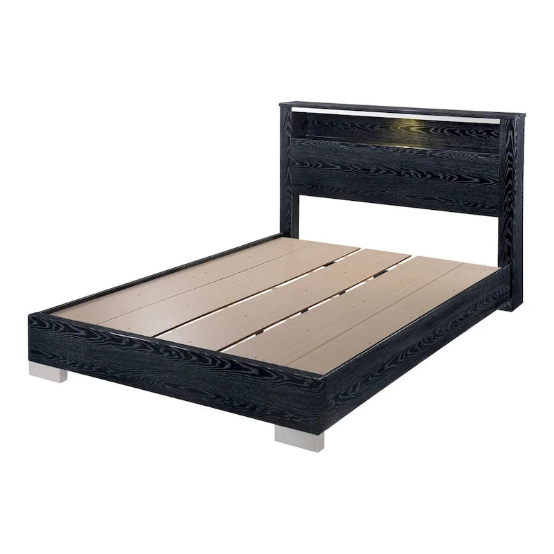 Lit à panneaux de rangement contemporain en bois massif 2 pièces et ensemble commode haute
