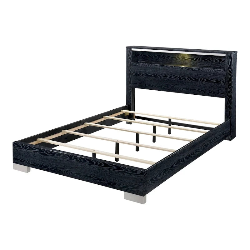 Lit à panneaux de rangement contemporain en bois massif 2 pièces et ensemble commode haute