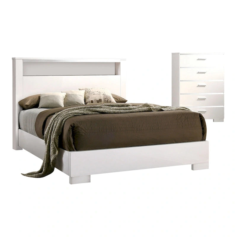 Lit à panneaux de rangement contemporain en bois massif 2 pièces et ensemble commode haute