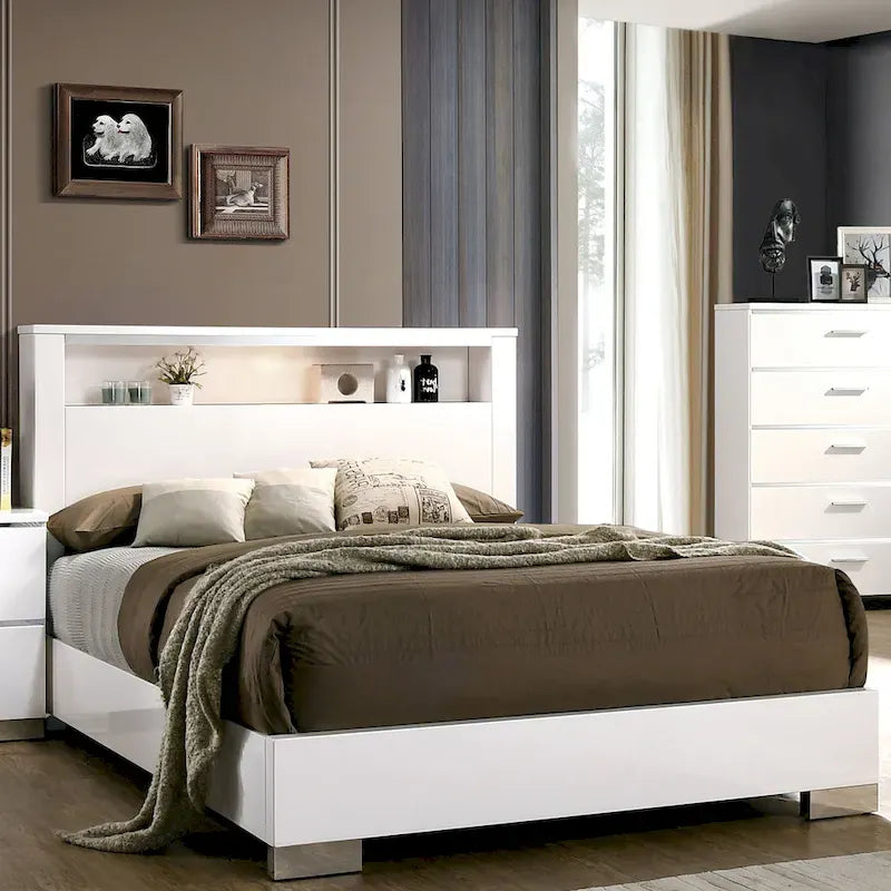 Lit à panneaux de rangement contemporain en bois massif 2 pièces et ensemble commode haute