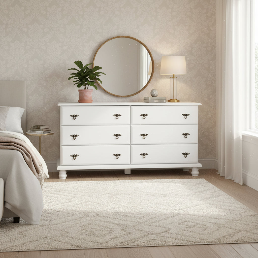 Commode traditionnelle Kyle à 6 tiroirs en bois massif avec miroir en option