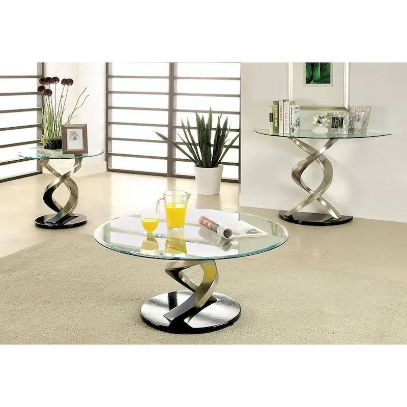 Console de canapé Sele Contemporary Silver en demi-lune, plateau en verre, 45 pouces