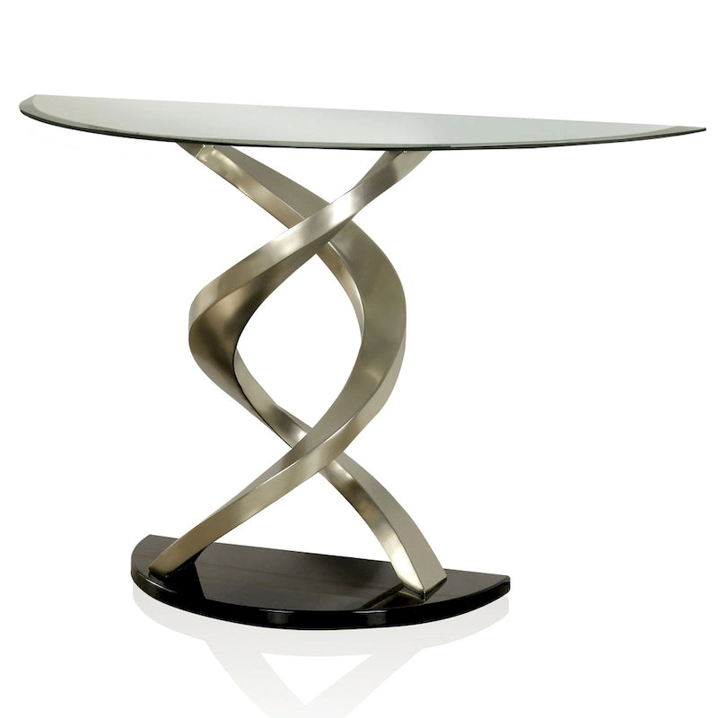 Console de canapé Sele Contemporary Silver en demi-lune, plateau en verre, 45 pouces