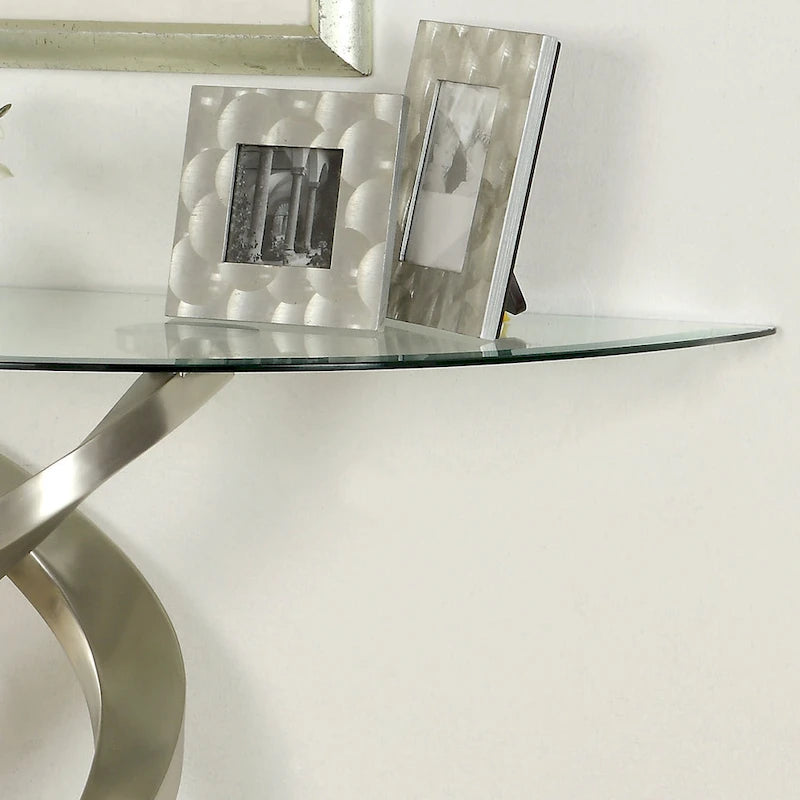 Console de canapé Sele Contemporary Silver en demi-lune, plateau en verre, 45 pouces