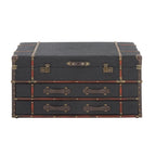 Table basse de rangement 2 tiroirs en similicuir ou tissu lin avec plateau à charnière à boucle - Bleu foncé ou marron - Roche River Decor