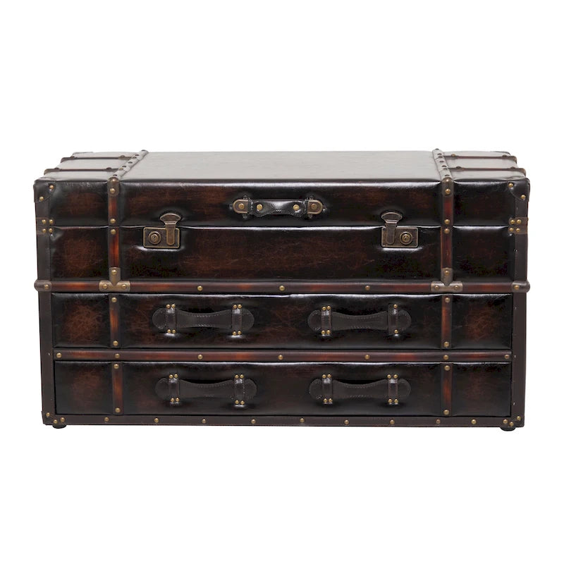 Table basse de rangement 2 tiroirs en similicuir ou tissu lin avec plateau à charnière à boucle - Bleu foncé ou marron - Roche River Decor