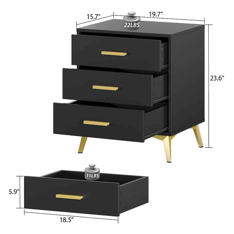 Table de chevet à 3 tiroirs de 59,9 cm de haut en blanc/noir