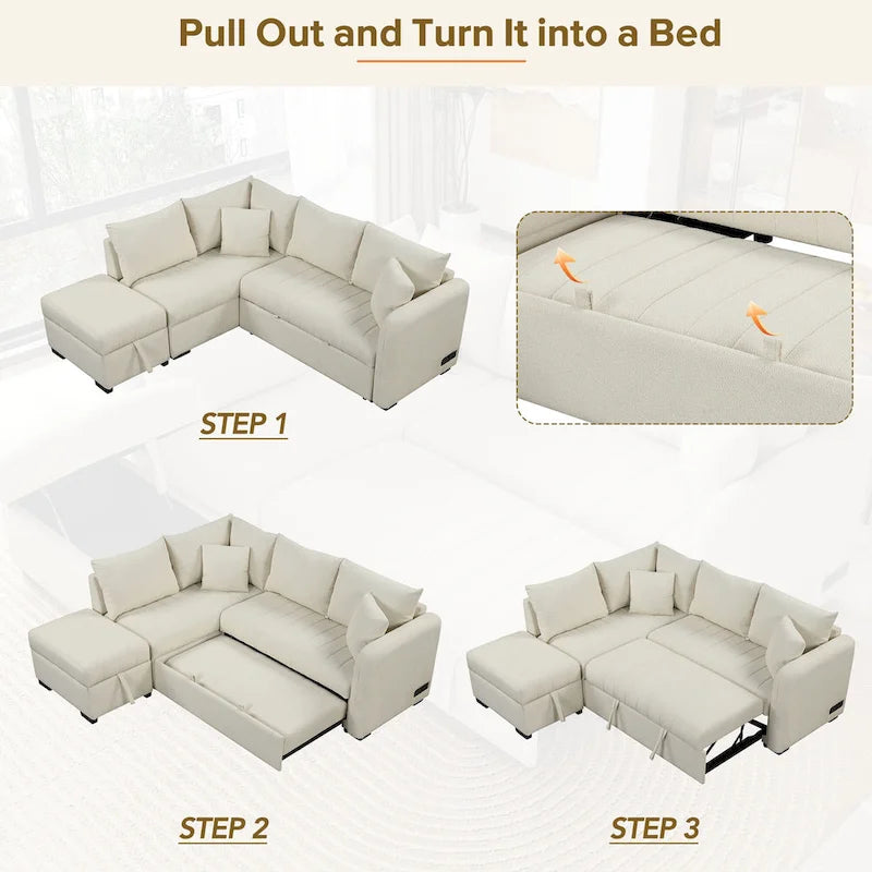 82.6 Canapé-lit d'angle en forme de L avec deux ports USB, deux prises de courant et un pouf de rangement mobile, Bei