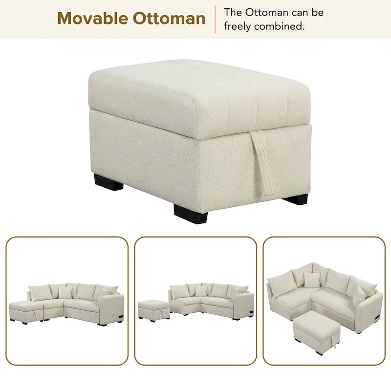 82.6 Canapé-lit d'angle en forme de L avec deux ports USB, deux prises de courant et un pouf de rangement mobile, Bei