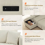 82.6 Canapé-lit d'angle en forme de L avec deux ports USB, deux prises de courant et un pouf de rangement mobile, Bei