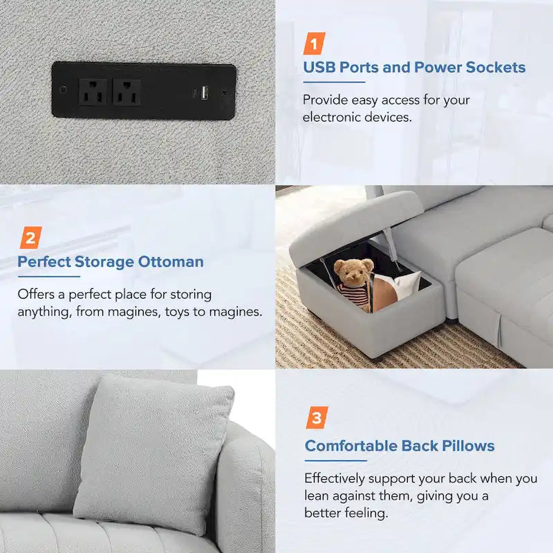 82.6 Canapé-lit d'angle en forme de L avec deux ports USB, deux prises de courant et un pouf de rangement mobile, Bei