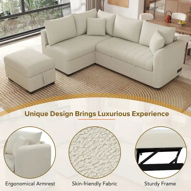 82.6 Canapé-lit d'angle en forme de L avec deux ports USB, deux prises de courant et un pouf de rangement mobile, Bei