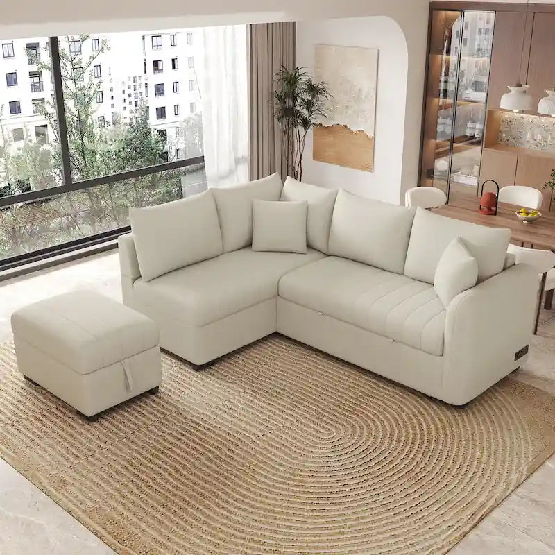 82.6 Canapé-lit d'angle en forme de L avec deux ports USB, deux prises de courant et un pouf de rangement mobile, Bei