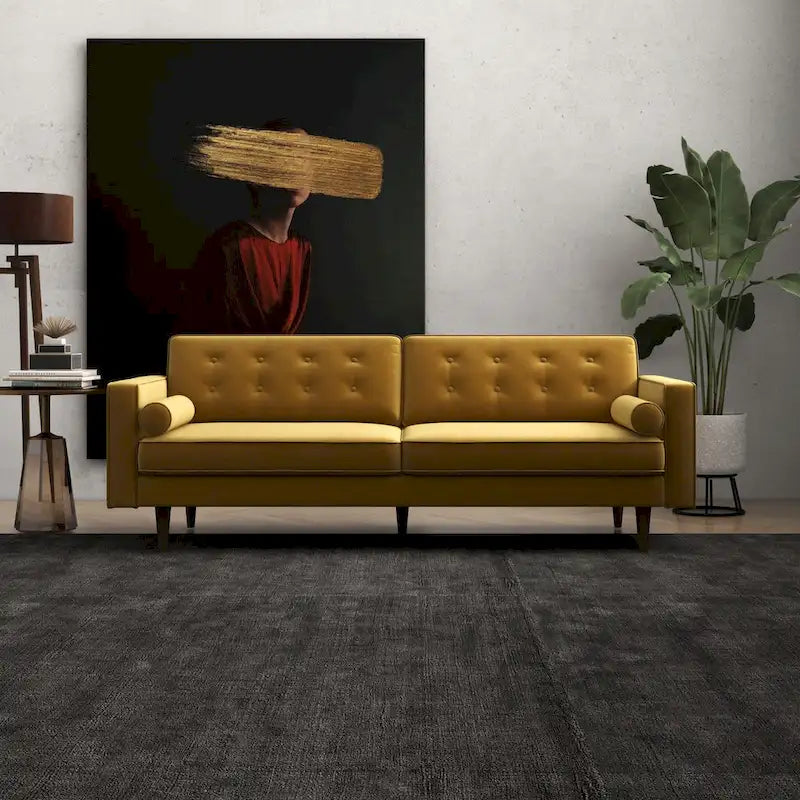 Canapé Clayton en velours doré, style mobilier Mid-Century Modern pour salon