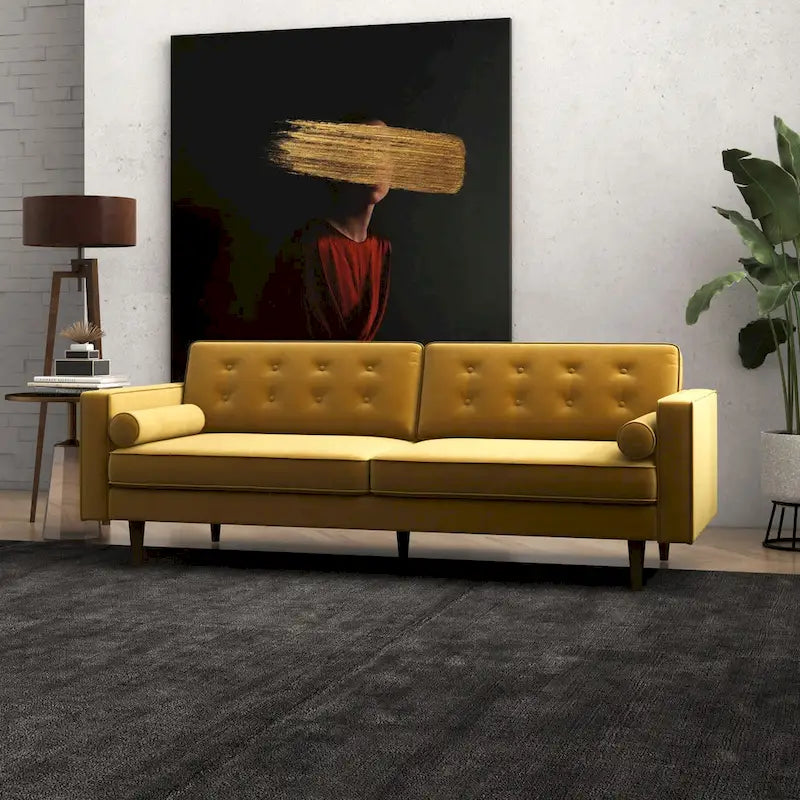 Canapé Clayton en velours doré, style mobilier Mid-Century Modern pour salon