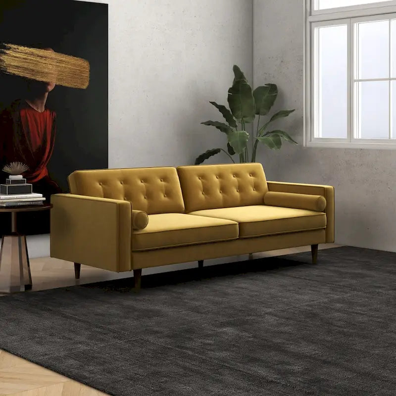 Canapé Clayton en velours doré, style mobilier Mid-Century Modern pour salon