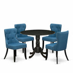 Ensemble table de cuisine - une table à manger ronde et des chaises en tissu de lin bleu, finition brossé noir (option de pièces)