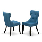 Ensemble table de cuisine - une table à manger ronde et des chaises en tissu de lin bleu, finition brossé noir (option de pièces)