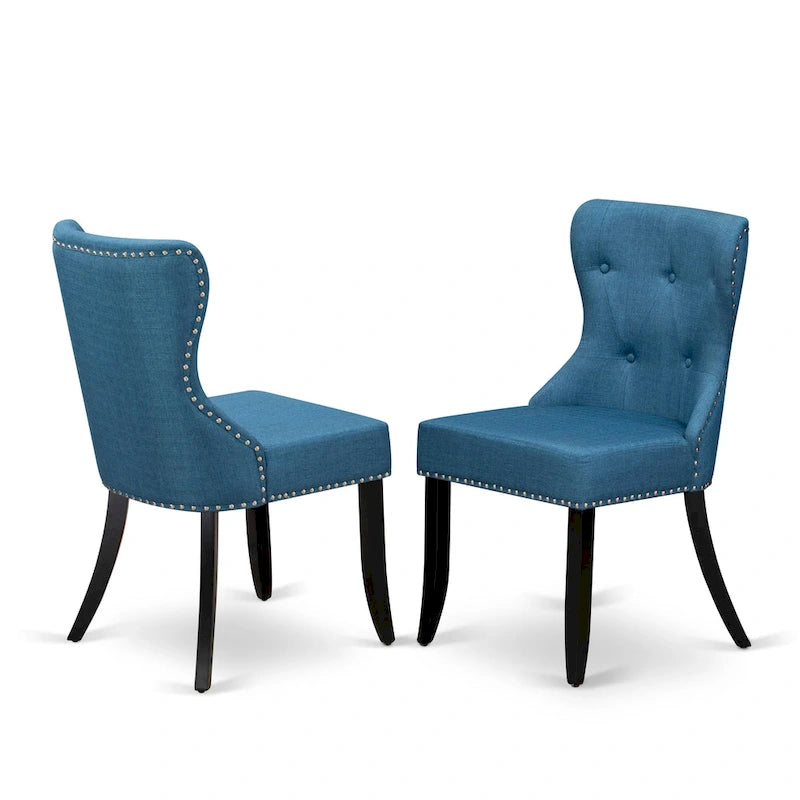 Ensemble table de cuisine - une table à manger ronde et des chaises en tissu de lin bleu, finition brossé noir (option de pièces)