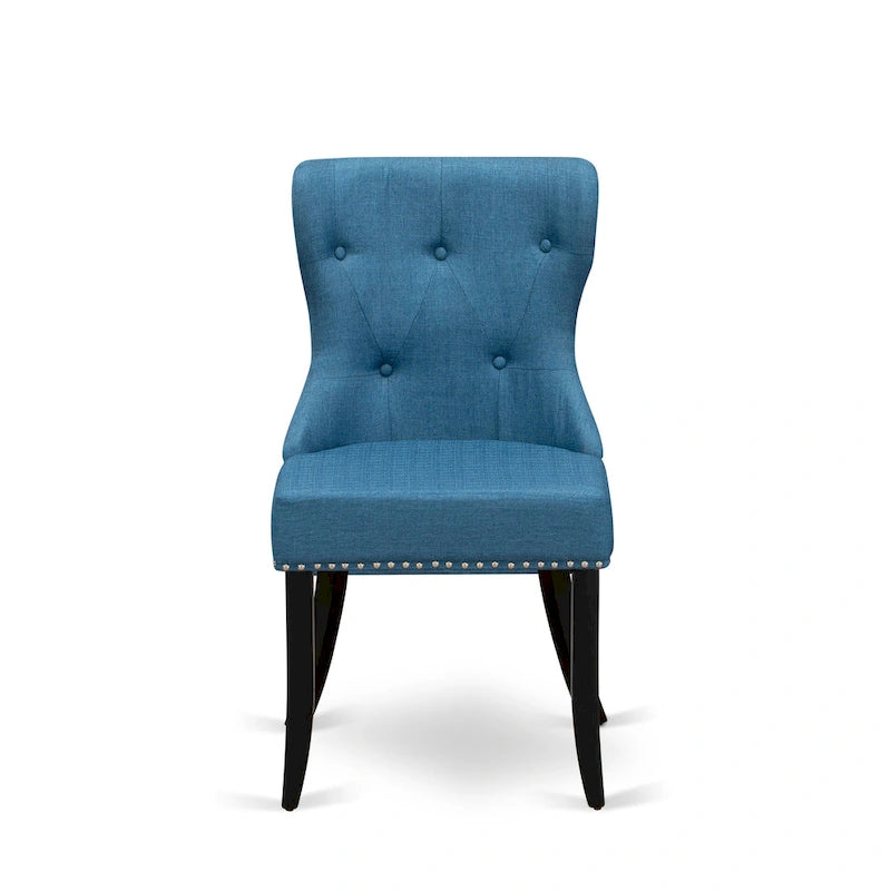 Ensemble table de cuisine - une table à manger ronde et des chaises en tissu de lin bleu, finition brossé noir (option de pièces)