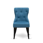 Ensemble table de cuisine - une table à manger ronde et des chaises en tissu de lin bleu, finition brossé noir (option de pièces)