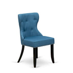 Ensemble table de cuisine - une table à manger ronde et des chaises en tissu de lin bleu, finition brossé noir (option de pièces)