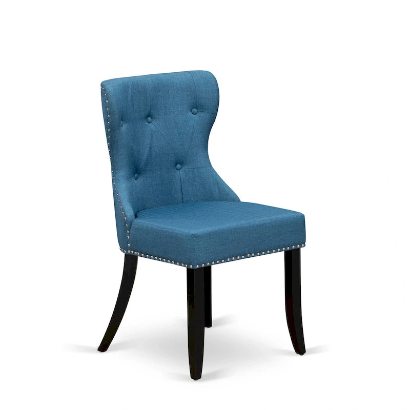 Ensemble table de cuisine - une table à manger ronde et des chaises en tissu de lin bleu, finition brossé noir (option de pièces)